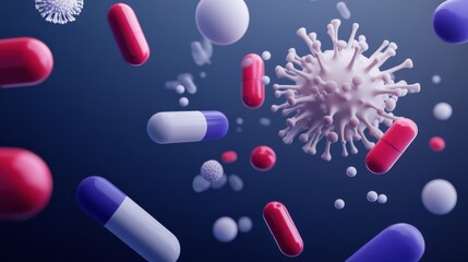 Poster - Colorful Pills and Viruses in a Digital Space Representing Medical Science and Healthcare Innovation, Depicting the Intersection of Pharmaceuticals and Virality Treatment