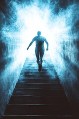 Wall Mural - a person running up a staircase toward a bright future, symbolizing the upward journey of determinat
