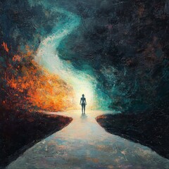 Wall Mural - a person standing at a crossroads, with one path leading to bright light and another to darkness, sy