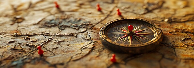 Aufkleber - A compass rests on an ancient map, surrounded by red markers, suggesting exploration, navigation, and adventure in uncharted territories.