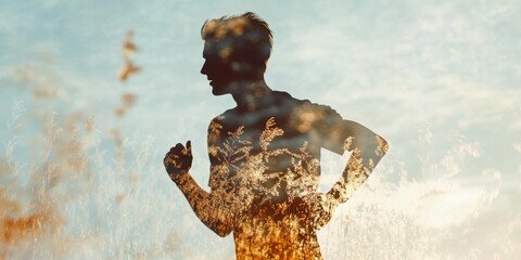 Canvas Print - a man running in a field with a blurry background. the man is the main focus of the image, and the b