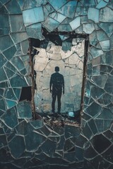 Wall Mural - A shattered mirror with a figure standing tall in the reflection, representing overcoming self-doubt through determination.
