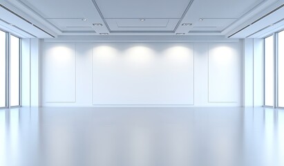 Poster - A modern, minimalist interior space with white walls, polished flooring, and ample natural light from large windows.