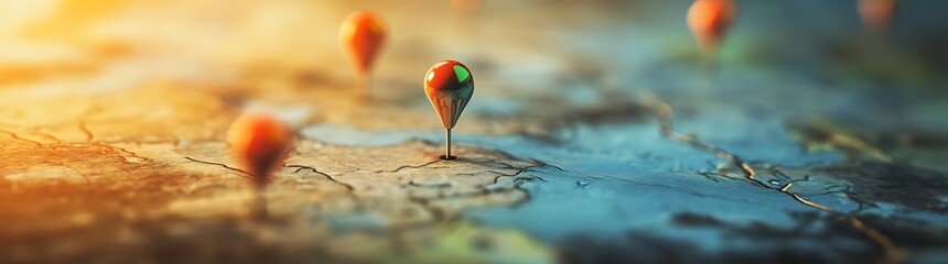 Poster - A close-up view of colorful map pins marking locations on a vibrant map, symbolizing navigation and exploration.