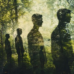 Poster - Silhouettes of people in a forest with sunlight filtering through trees, creating a mysterious and dreamlike atmosphere.