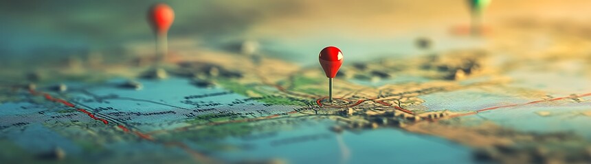 Poster - A close-up of a map with a red pushpin marking a specific location, highlighting navigation and geographical exploration.