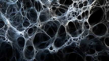 Seamless pattern ethereal web of shadows: an intricate spiderweb, frozen in time, casts a ghostly presence against a stark black background. Gossamer. Illustration