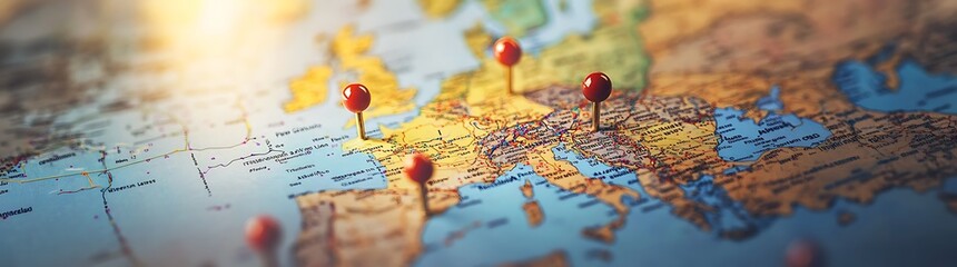 Poster - A detailed map of Europe with red pushpins marking specific locations, highlighting important destinations and travel interests.