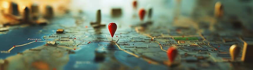 Poster - A close-up view of a colorful map featuring various location pins, highlighting points of interest across a detailed landscape.