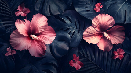 Wall Mural - dark moody tropical hibiscus flowers and monstera leaves.