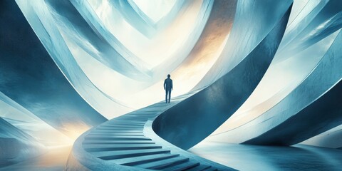 Wall Mural - A man is walking up a spiral staircase. The staircase is made of metal and is very long