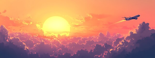 Aufkleber - A tranquil sunset scene featuring vibrant colors, fluffy clouds, and a silhouette of an airplane soaring across the sky.