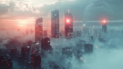 Poster - A futuristic cityscape with digital overlays, illustrating the impact of cloud connectivity on modern urban infrastructure and internet trends