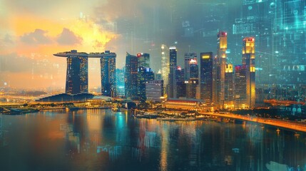 Poster - A futuristic cityscape with digital overlays, illustrating the impact of cloud connectivity on modern urban infrastructure and internet trends