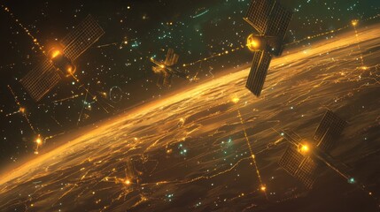 Poster - A futuristic depiction of satellites linked to a glowing network grid, emphasizing their impact on global internet systems