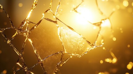 Wall Mural - A glowing scene with golden light shining through fractured glass, symbolizing resilience and beauty in imperfection