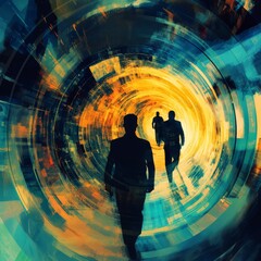 Wall Mural - three people walking in a tunnel. the tunnel is blue and yellow