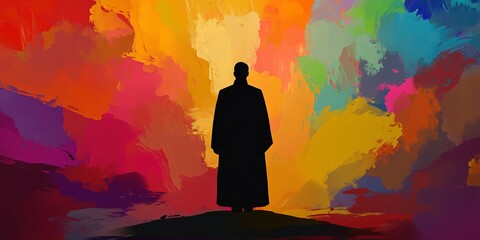 Canvas Print - a man stands in front of a colorful background. the man is wearing a long coat and he is looking up 