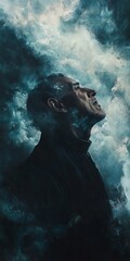 Canvas Print - a man is looking up at the sky with clouds. the image has a mood of contemplation and wonder