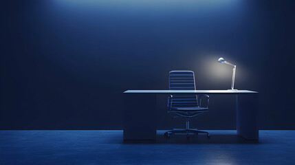 Empty office at night, desk, chair, lamp, dark room, blue light.