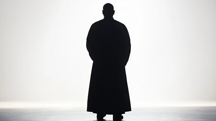 Canvas Print - a man in a long coat stands in a white background. the man is wearing a black hat and is looking to 