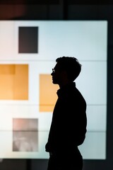 Canvas Print - a man is standing in front of a wall with a large screen. he is wearing glasses and a black shirt