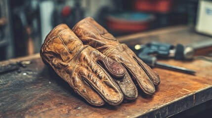 Poster - Worn Leather Work Gloves Resting On A Wooden Surface