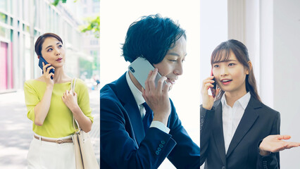 Poster - スマホ、スマートフォン、話す、ビジネス、ビジネスウーマン、ビジネスマン、通話、電話、携帯電話、会話、連絡、アプリ、キャリア、屋外、オフィス、通信、ビジネスパーソン、企業、同僚、チームワーク、グループ、人々、コラージュ、タイトル、テンプレート、複数、イメージ、広告、テクノロジー、IoT、DX、商談、リモート、デジタルトランスフォーメーション、営業、マーケティング、テレマーケティング、コミュニケーショ