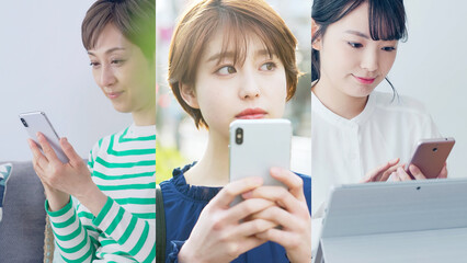 Aufkleber - スマホ、スマートフォン、女性、携帯電話、アプリ、モバイル、動画、SNS、メール、コラージュ、タイトル、テンプレート、イメージ、広告、女子、ミドル、若者、Z世代、若い、20代、40代、50代、シニア、世代、IoT、ICT、テック、テクノロジー、ネットワーク、コミュニケーション、webサイト、インターネット、オンライン、通信、5G、予約、クーポン、キャリア、日本人、認証、連絡、コミュニティ、メッセージ