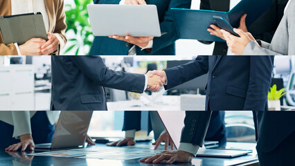 Aufkleber - business, businessman, handshake, shaking hands, conference, meeting, team, business scene, collage, career, teamwork, customer, support, sales, negotiation, marketing, management, company, corporate,