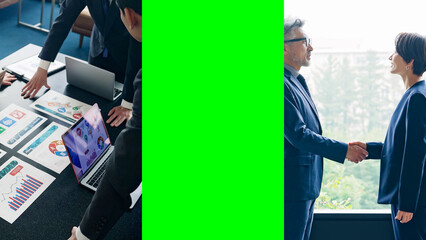 Aufkleber - ビジネス、握手、会議、ミーティング、打ち合わせ、協力、ビジネスマン、ビジネスシーン、経営、企業、パートナー、コピースペース、グリーンバック、コラージュ、タイトル、テンプレート、イメージ、広告、マネジメント、マーケティング、エグゼクティブ、顧客、クロマキー合成、日本人、経営者、起業、スタートアップ、サポート、サービス、人材、サクセス、成功、チャンス、女性、男性、ビジネスウーマン、キャリア、マーケター
