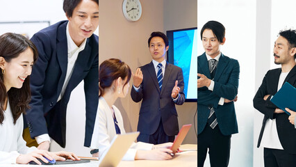 Aufkleber - ビジネス、会議、ミーティング、ビジネスウーマン、チームワーク、企業、職場、オフィス、会社員、サラリーマン、楽しい、ポジティブ、笑顔、コラージュ、タイトル、テンプレート、イメージ、広告、活躍、元気、上司、部下、経営者、経営、マネジメント、研修、社員教育、OJT、コーチング、メンター、チームビルディング、ファシリテーション、セミナー、ロジカルシンキング、タイムマネジメント、ワークライフバランス、日本人