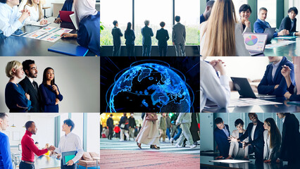Poster - business, global, conference, meeting, work, handshake, shaking hands, people, person, world, multinational, diversity, inclusion, collage, title, copy space, communication, businessman, businessperso