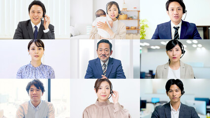 Aufkleber - ビデオ会議、ビデオ通話、web会議、ビジネス、話す、ミーティング、会議、セミナー、チーム、ZOOM、会話、カンファレンス、ビデオ、テレビ、日本人、コラージュ、タイトル、テンプレート、イメージ、広告、多様性、笑顔、ビジネスマン、ビジネスウーマン、リモートワーク、テレワーク、画面、システム、男性、女性、グループ、多人数、ウェビナー、プレゼンテーション、チームワーク、交流、テレマーケティング、企業、外資
