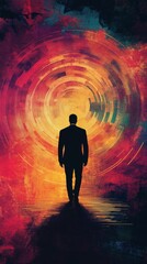 Wall Mural - A man is walking in a circle. The circle is red and yellow. The man is wearing a suit