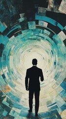 Wall Mural - A man is standing in a tunnel. The tunnel is blue and white. The man is wearing a suit