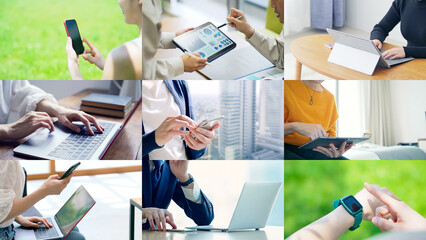Poster - smartphone, smart phone, smartwatch, technology, mobile, tablet, communication, laptop, electronics, user, operation, use, line, erp, cloud, app, collage, title, advertisement, business, wearable, dat