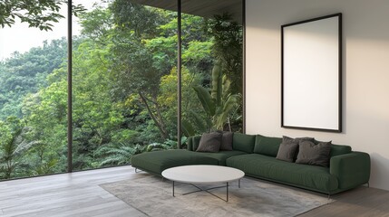 Wall Mural - Modern Cozy Living Room with Green Sofa and White Poster on Wall