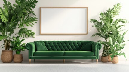 Wall Mural - A stylish green sofa sits against a light wall, surrounded by lush plants and an empty picture frame, creating a modern and inviting living space