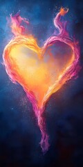 Poster - A vibrant and colorful illustration of a heart made of swirling flames, combining shades of orange, pink, and purple against a deep blue background, evoking passion and warmth.