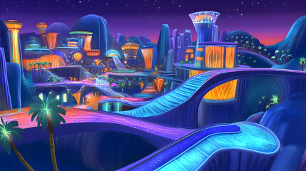 Wall Mural - Futuristic city at night, illuminated buildings, glowing roads, palm trees, hills.