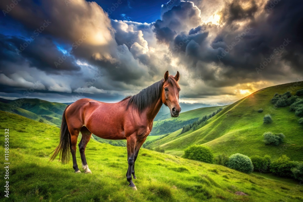 Majestic Brown Horse in Green Pasture - High-Resolution Image, Cloudy ...