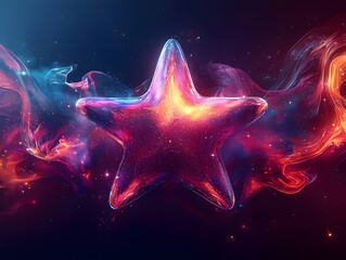 Poster - A vibrant and colorful star-shaped figure illuminates the dark cosmic background, surrounded by swirling nebula-like patterns in shades of blue, orange, and purple.