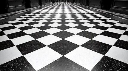 Poster - Monochrome Checkerboard Floor Perspective in a Hallway, Capturing the Unique Patterns and Depth of Artful Black and White Design