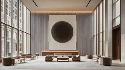 Poster - A clean and simple entryway with high ceilings, a single piece of modern art, and soft lighting enhancing the design.