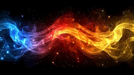 Poster - Dynamic Composition of Colorful Smoke Trails in Vibrant Blue, Red, and Yellow Against a Dark Background with Sparkling Stars and Ethereal Flowing Patterns