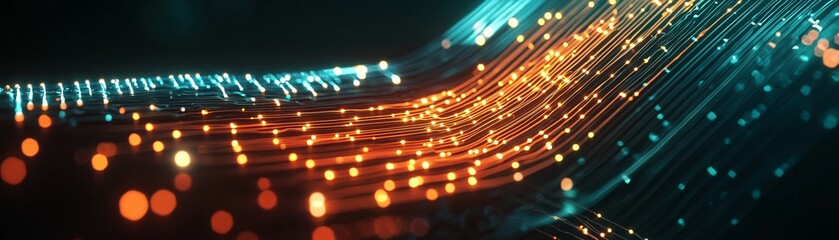 Poster - fiber optic strands glowing in the dark, creating an abstract visual of data transmission and intern