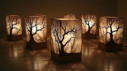 Poster - A Captivating Collection of Unique Hanging Lamps Featuring Intricate Tree Designs, Casting Enchanting Shadows in a Warm, Ambient Setting