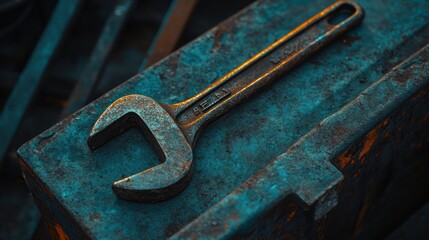 Poster - Rusty Wrench Rests on Weathered Metal Surface