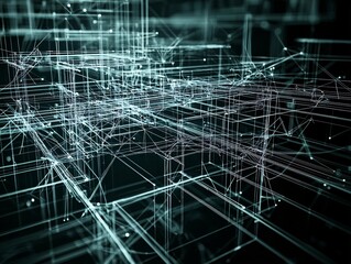 Poster - dynamic visualization of a fiber optic data system, with light beams flowing through intricate patte